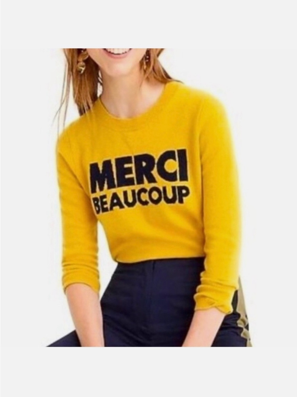 NWOT J. Crew 100% Cashmere Mustard Yellow 'MERCI BEAUCOUP' Crewneck Sweater Sz S